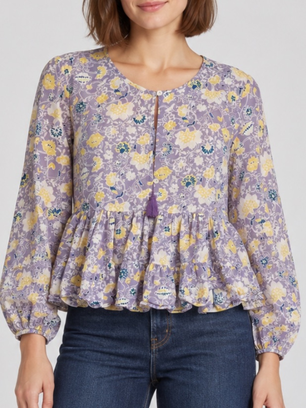 Ro’s Garden Anthropologie Lavender Floral Tassel Peplum Blouse